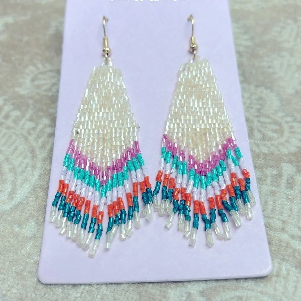 Brand New I Am Colorful Lightweight Glass Seed Beaded Drop Earrings Tribal Aztec